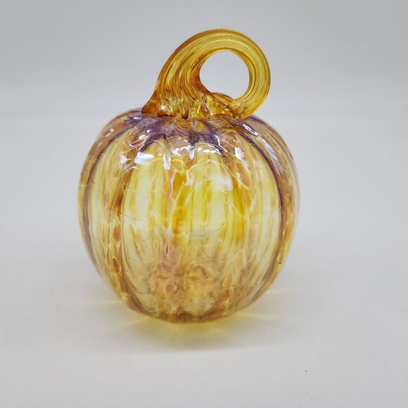 Other - Hand Blown Glass Pumpkin Decor Iridescent Yellow & Orange Autumn Accent